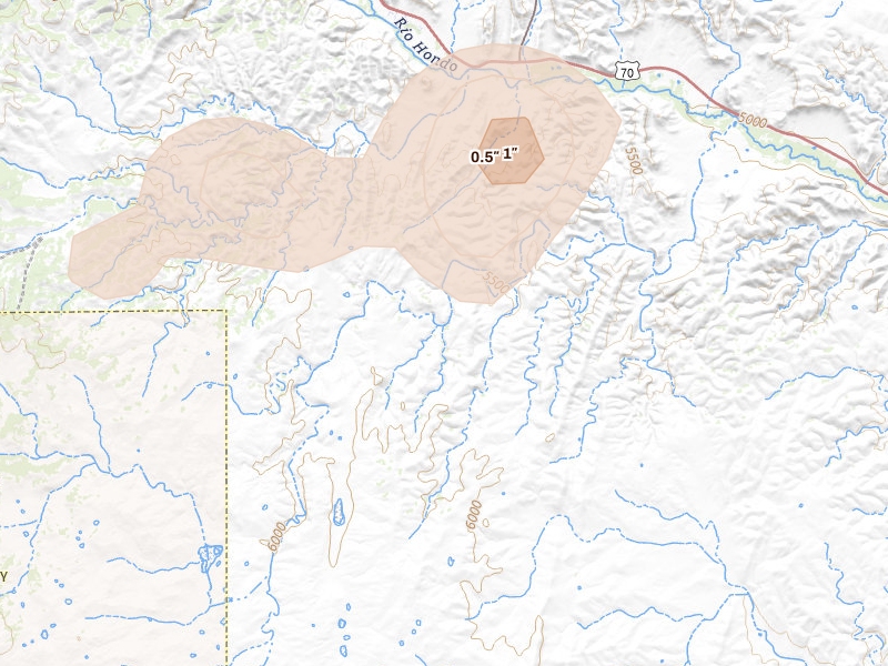 Radar-estimated hail-size map of the storm over Hondo, NM on Jun 4, 2026