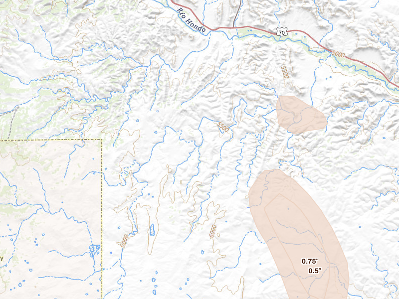 Radar-estimated hail-size map of the storm over Hondo, NM on Jun 15, 2026