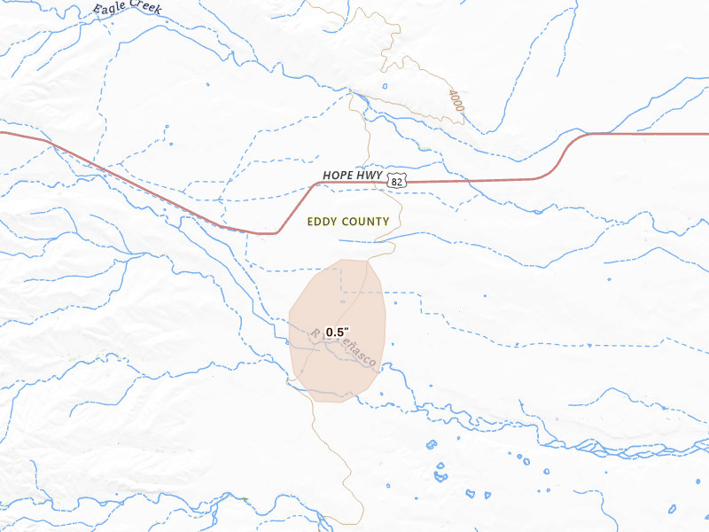 Radar-estimated hail-size map of the storm over Hope, NM on Jul 17, 2026