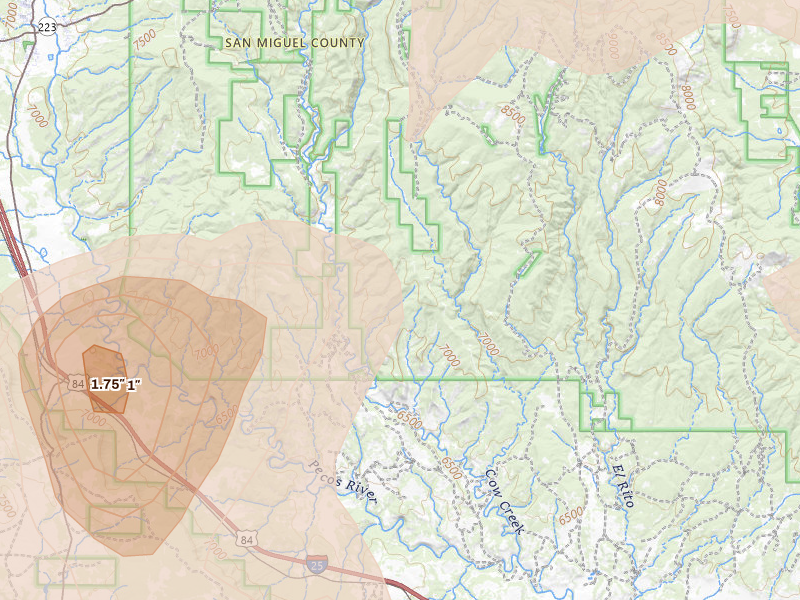 Radar-estimated hail-size map of the storm over Ilfeld, NM on Jun 24, 2026