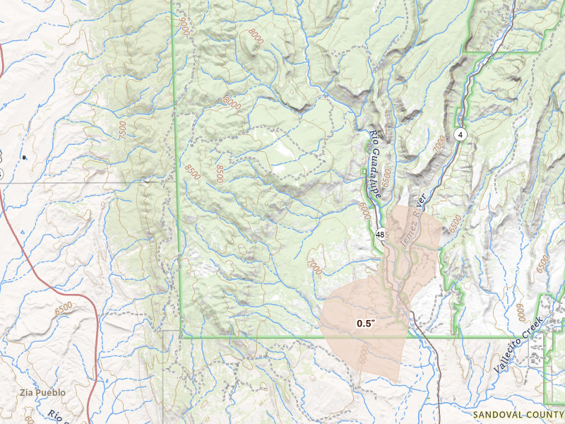 Radar-estimated hail-size map of the storm over Jemez Pueblo, NM on Jul 8, 2026