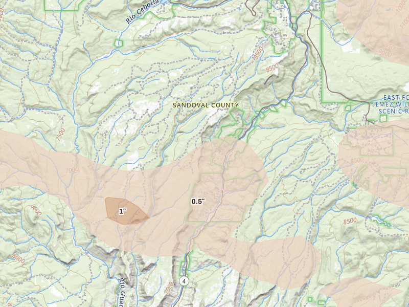 Radar-estimated hail-size map of the storm over Jemez Springs, NM on Jun 26, 2026