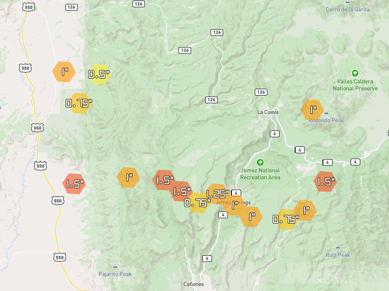 Hail map of Jemez Springs, NM on Jun 26, 2026, hail up to 1.5"