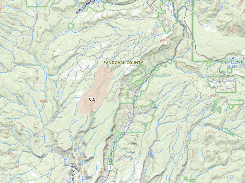 Radar-estimated hail-size map of the storm over Jemez Springs, NM on Aug 12, 2026