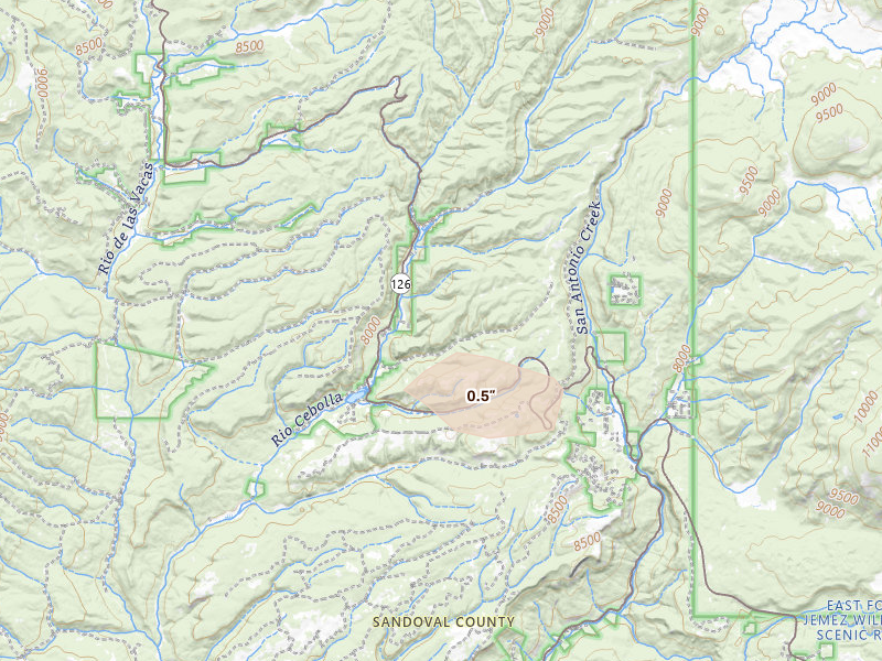 Radar-estimated hail-size map of the storm over Jemez Springs, NM on Aug 21, 2026
