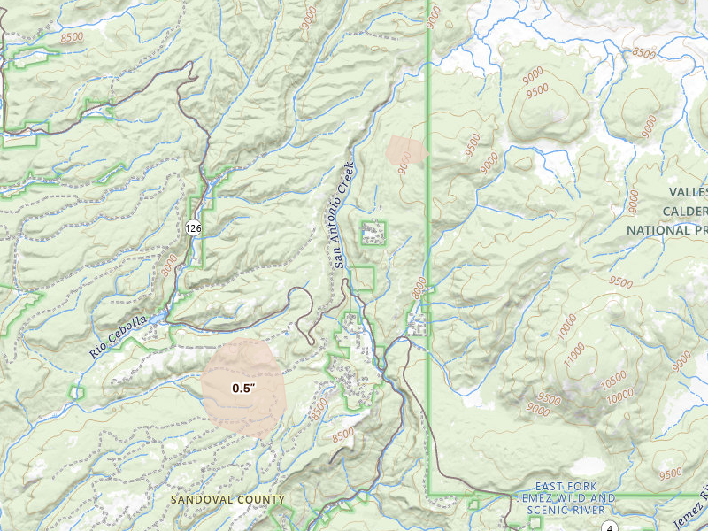 Radar-estimated hail-size map of the storm over Jemez Springs, NM on Aug 22, 2026