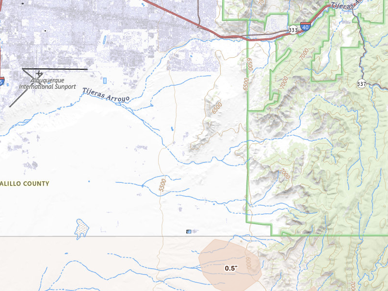 Radar-estimated hail-size map of the storm over Kirtland Afb, NM on Jul 28, 2026