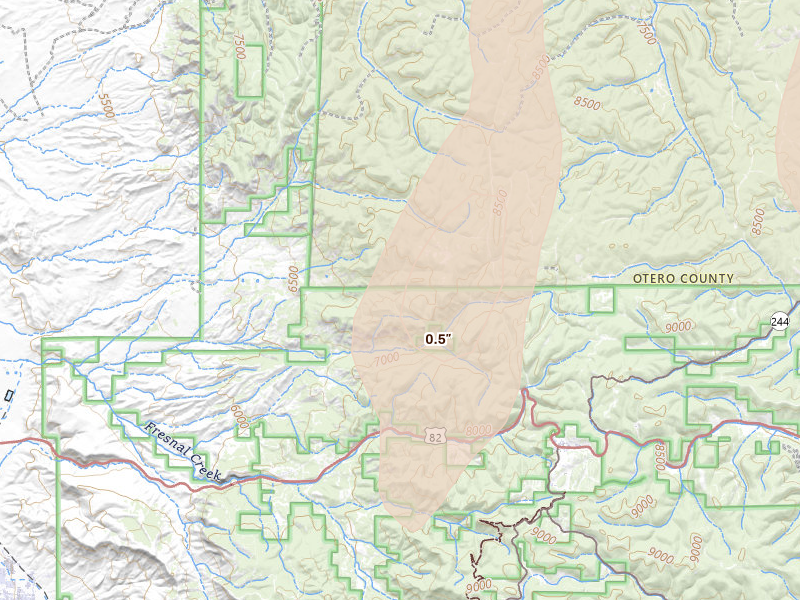 Radar-estimated hail-size map of the storm over La Luz, NM on Jun 2, 2026