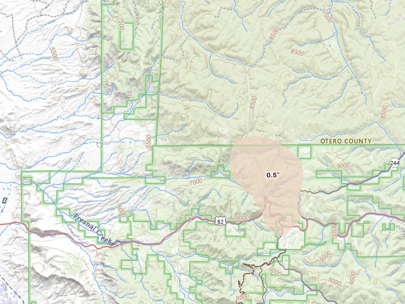 Radar-estimated hail-size map of the storm over La Luz, NM on Aug 5, 2026