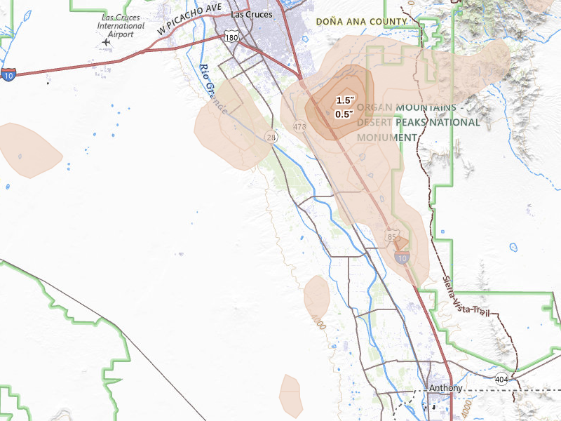Radar-estimated hail-size map of the storm over La Mesa, NM on Jun 3, 2026