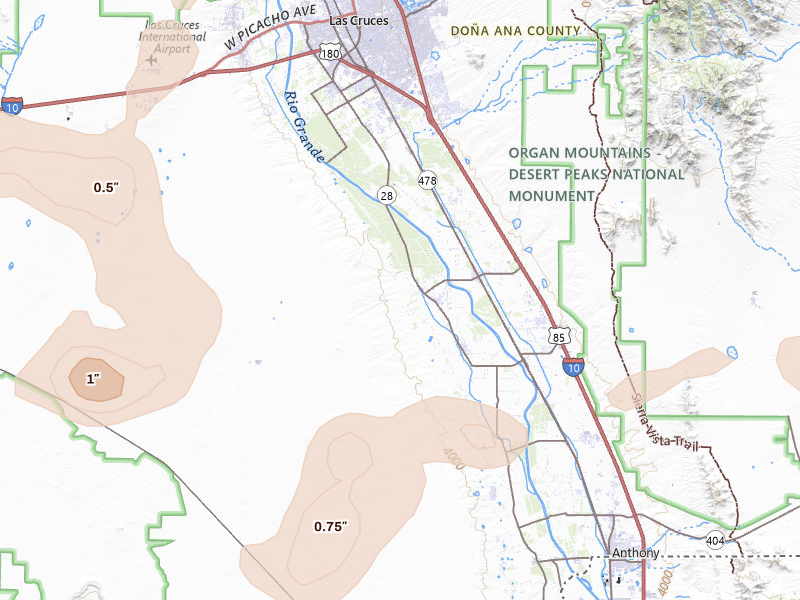 Radar-estimated hail-size map of the storm over La Mesa, NM on Jun 14, 2026