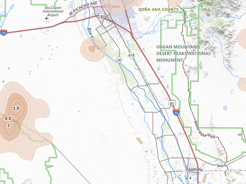 Radar-estimated hail-size map of the storm over La Mesa, NM on Jul 20, 2026