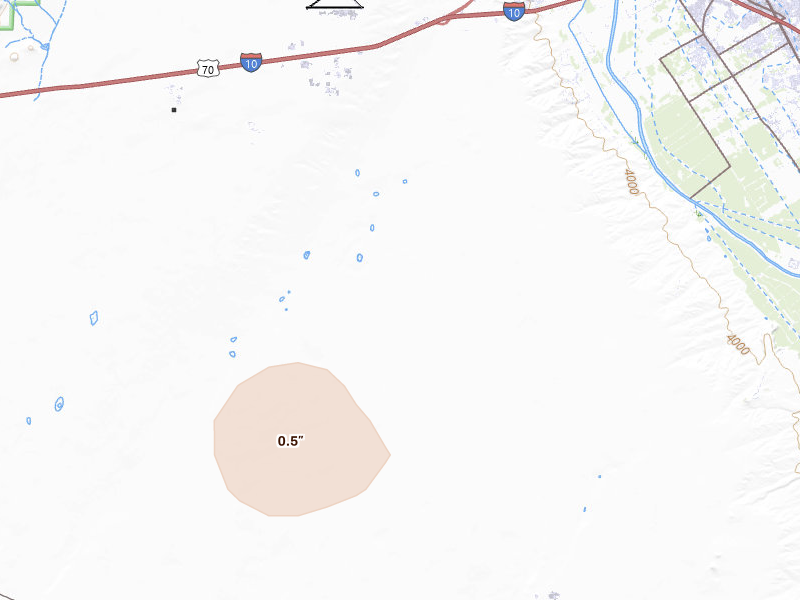 Radar-estimated hail-size map of the storm over La Mesa, NM on Aug 16, 2026