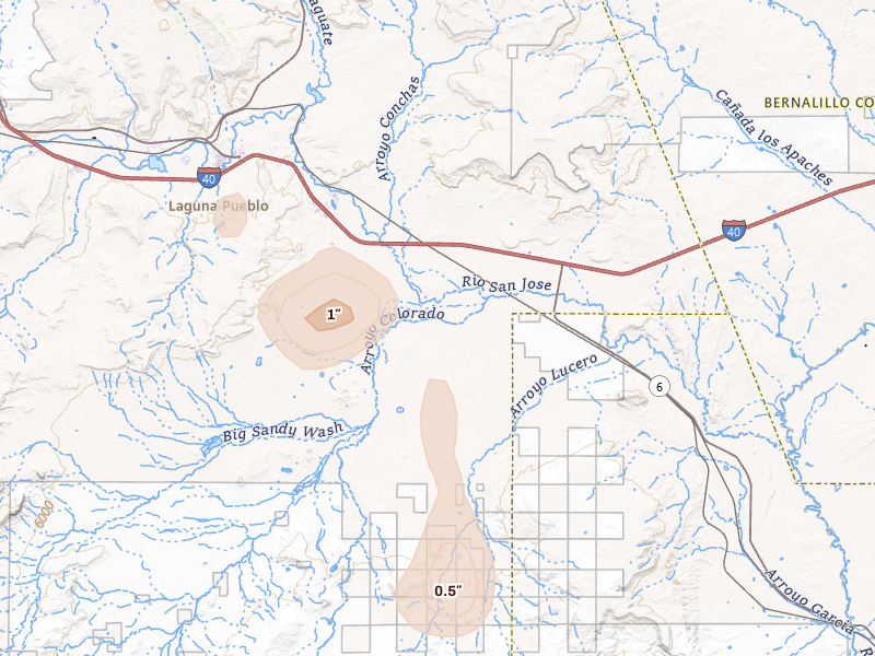 Radar-estimated hail-size map of the storm over Laguna, NM on Jul 28, 2026