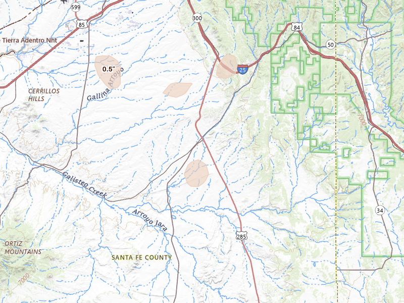 Radar-estimated hail-size map of the storm over Lamy, NM on Aug 20, 2026