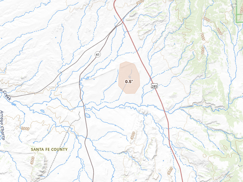 Radar-estimated hail-size map of the storm over Lamy, NM on Aug 31, 2026