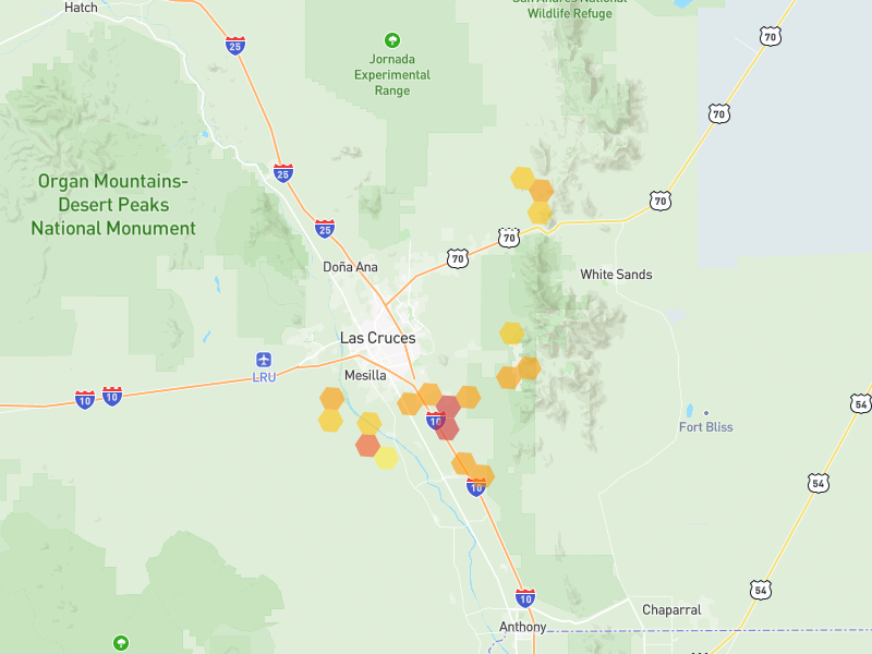 Hail map of Las Cruces, NM on Jun 4, 2026, hail up to 2.25"