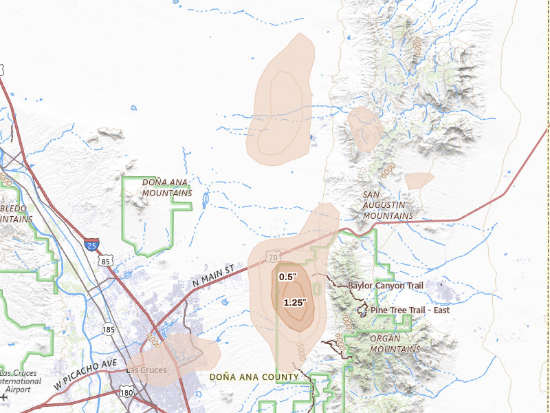 Radar-estimated hail-size map of the storm over Las Cruces, NM on Jul 20, 2026