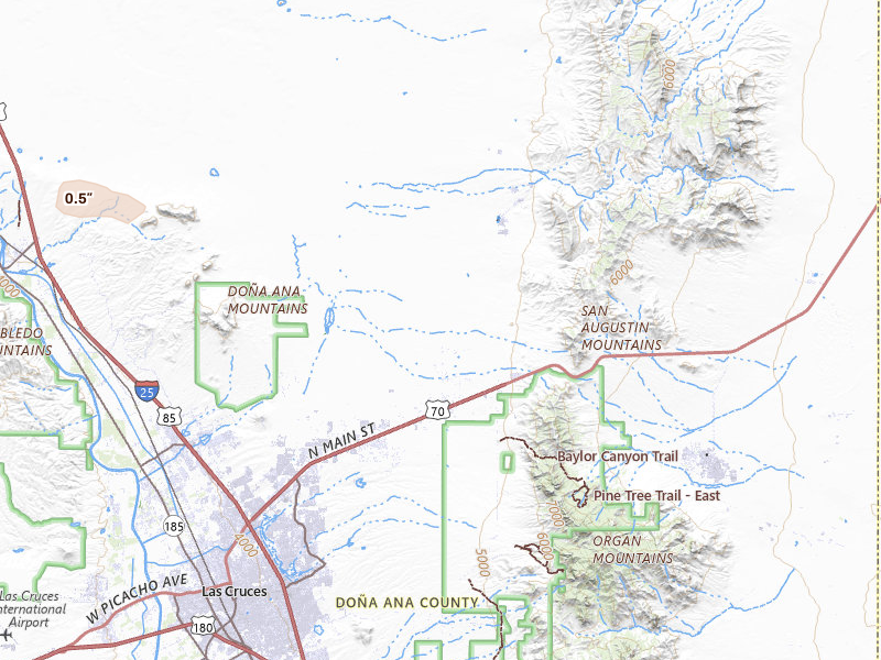 Radar-estimated hail-size map of the storm over Las Cruces, NM on Jul 27, 2026