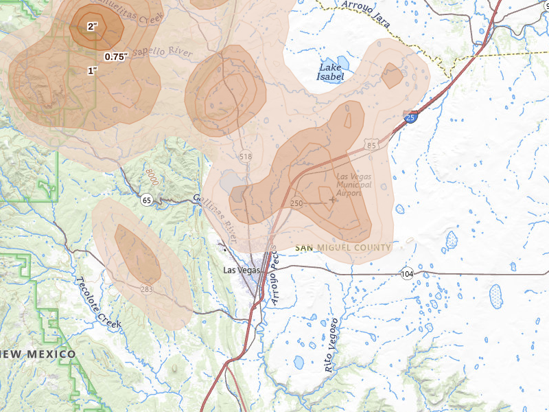 Radar-estimated hail-size map of the storm over Las Vegas, NM on Aug 19, 2026