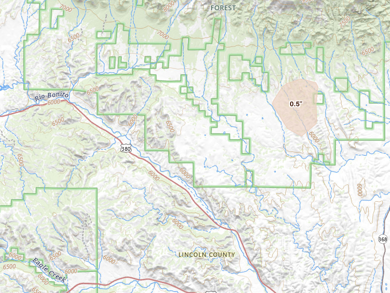 Radar-estimated hail-size map of the storm over Lincoln, NM on Jun 5, 2026