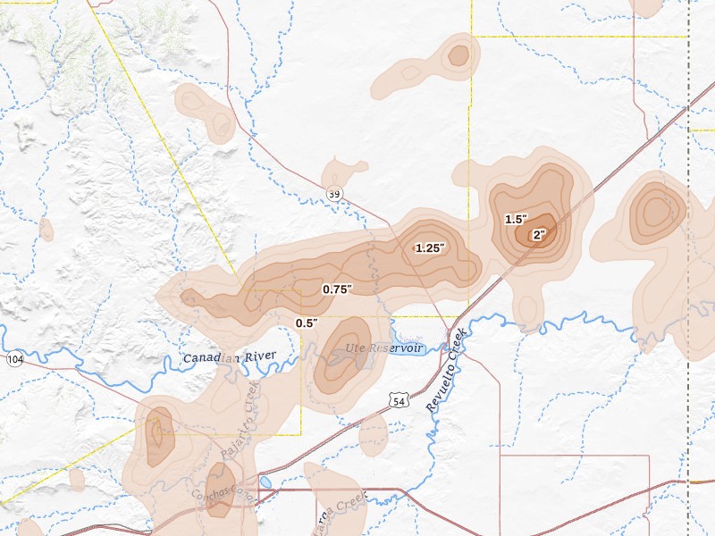 Radar-estimated hail-size map of the storm over Logan, NM on Aug 7, 2026