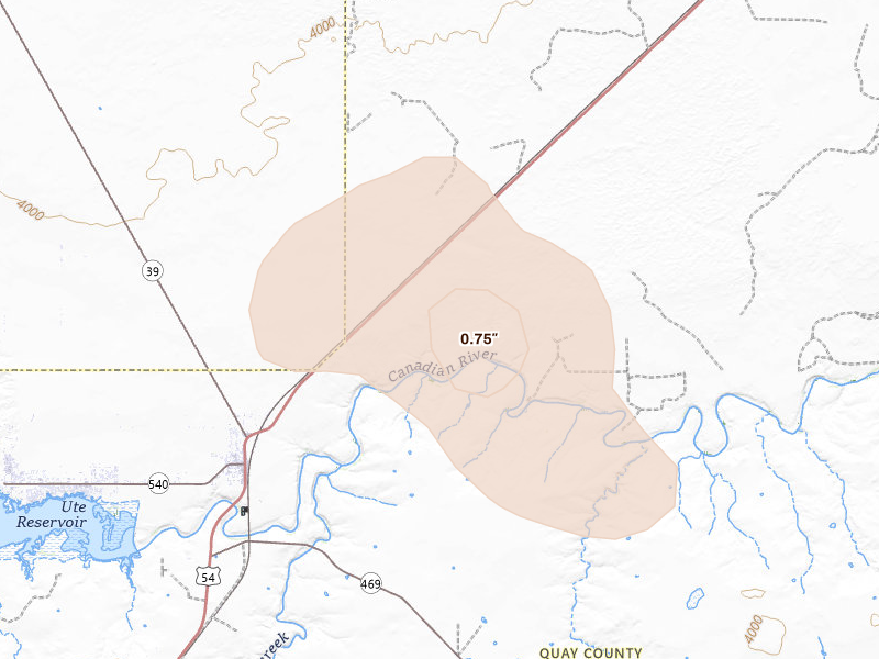 Radar-estimated hail-size map of the storm over Logan, NM on Aug 25, 2026