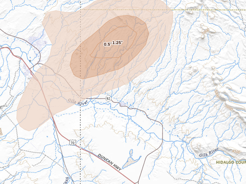 Radar-estimated hail-size map of the storm over Lordsburg, NM on Aug 4, 2026