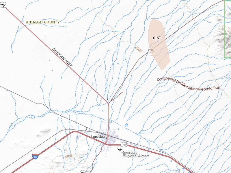 Radar-estimated hail-size map of the storm over Lordsburg, NM on Aug 11, 2026