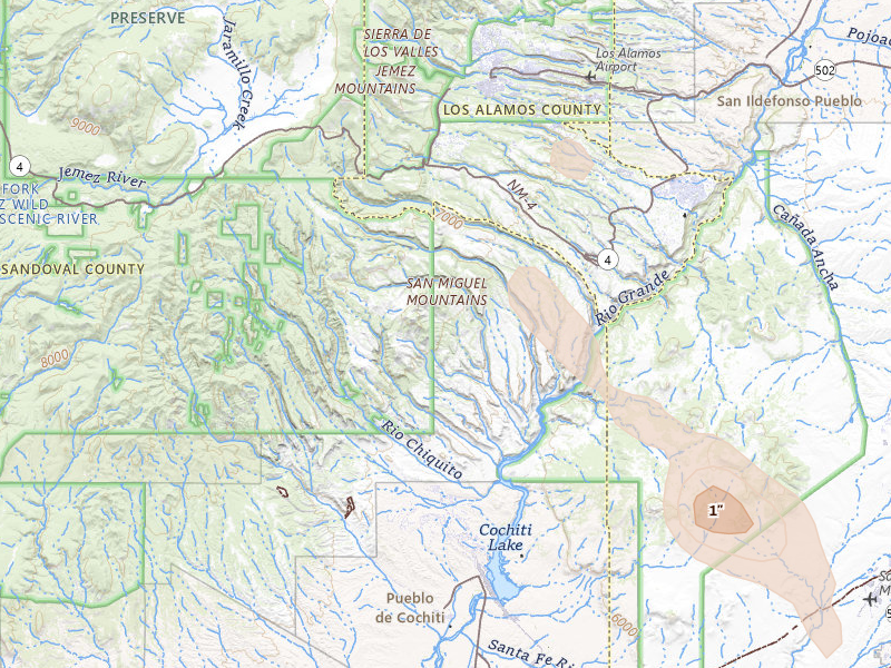 Radar-estimated hail-size map of the storm over Los Alamos, NM on Jun 15, 2026