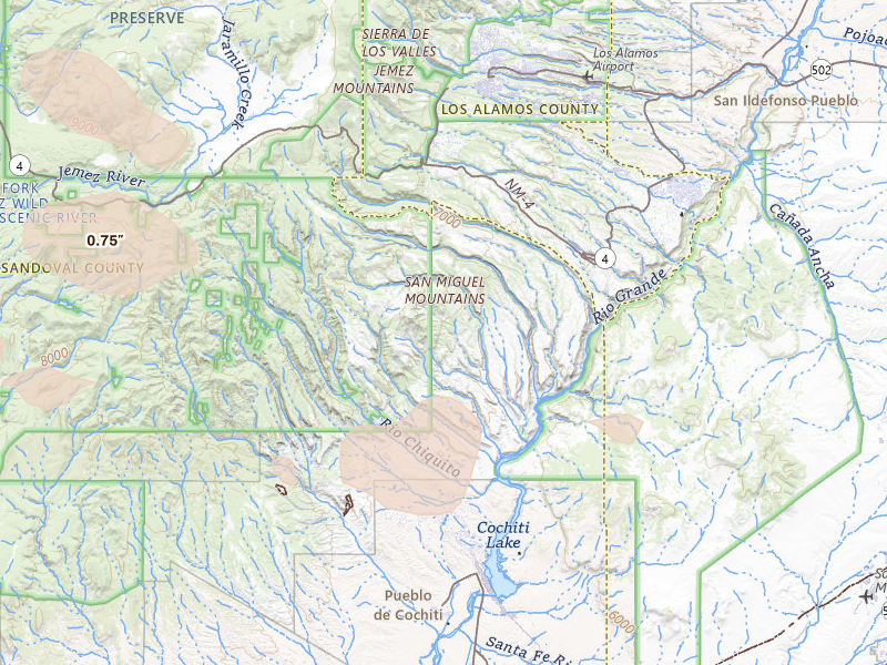 Radar-estimated hail-size map of the storm over Los Alamos, NM on Jun 26, 2026