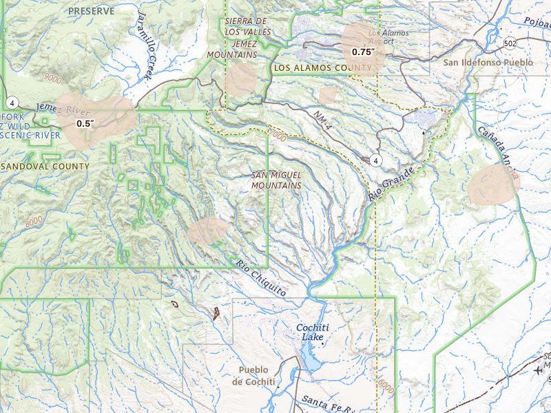 Radar-estimated hail-size map of the storm over Los Alamos, NM on Jul 27, 2026