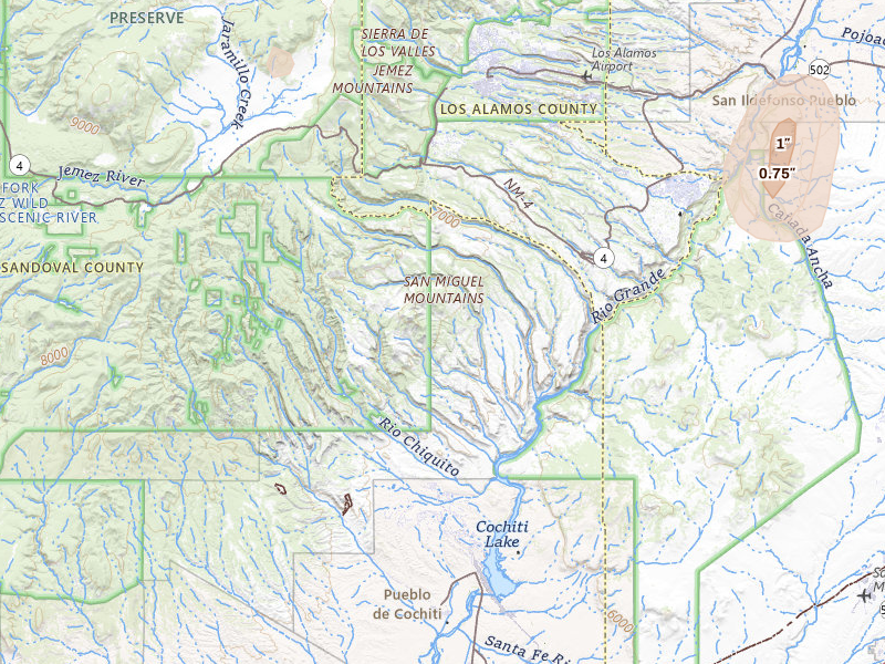 Radar-estimated hail-size map of the storm over Los Alamos, NM on Jul 28, 2026