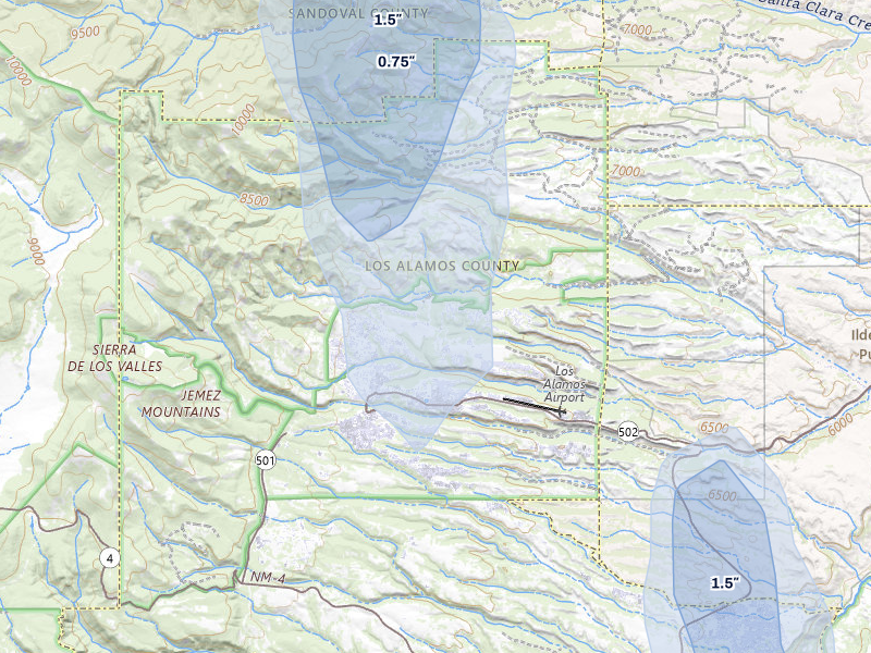 NEXRAD radar-signature map of the hail storm over Los Alamos, NM on Aug 1, 2026