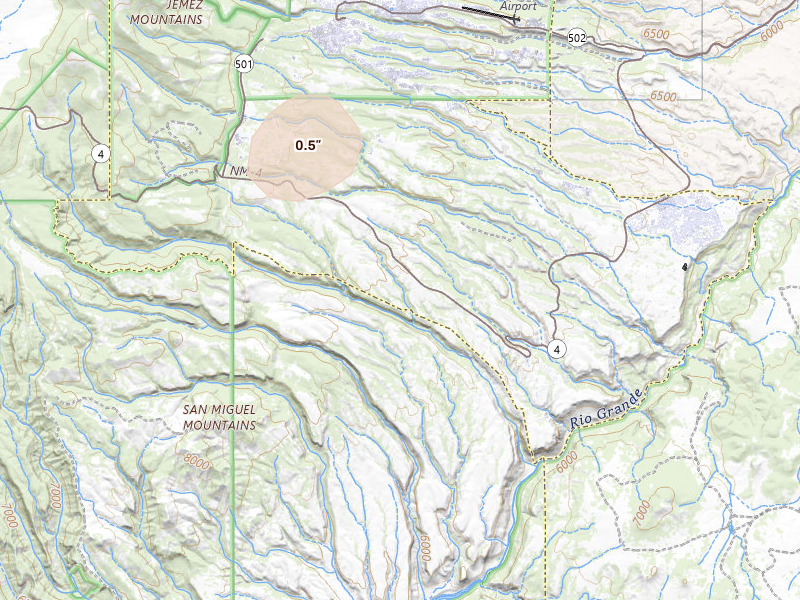 Radar-estimated hail-size map of the storm over Los Alamos, NM on Aug 23, 2026