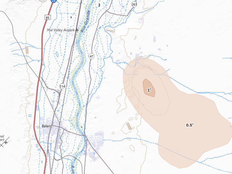 Radar-estimated hail-size map of the storm over Los Lunas, NM on Jul 28, 2026