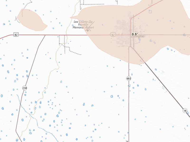 Radar-estimated hail-size map of the storm over Lovington, NM on May 25, 2026