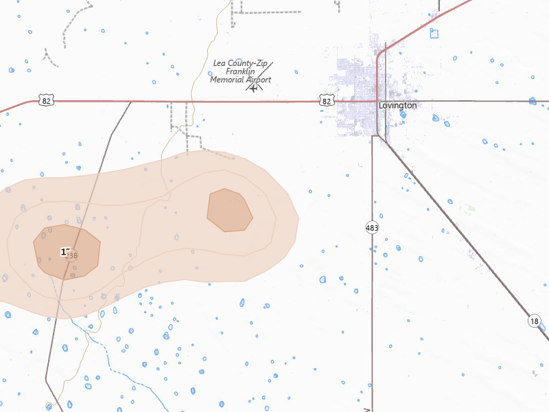 Radar-estimated hail-size map of the storm over Lovington, NM on Jun 5, 2026