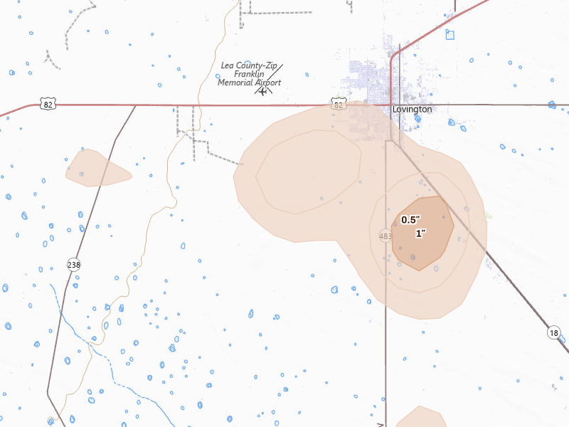 Radar-estimated hail-size map of the storm over Lovington, NM on Jul 18, 2026