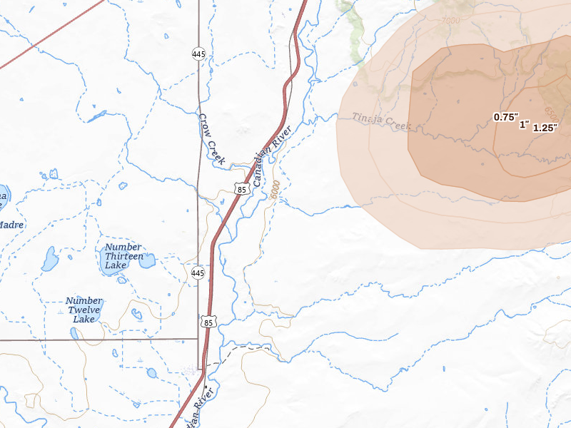 Radar-estimated hail-size map of the storm over Maxwell, NM on Jul 29, 2026