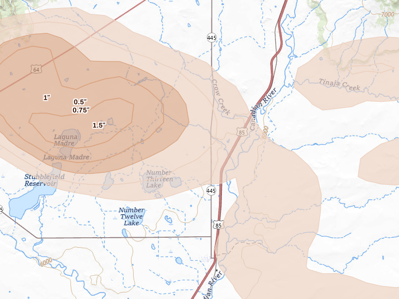 Radar-estimated hail-size map of the storm over Maxwell, NM on Aug 5, 2026