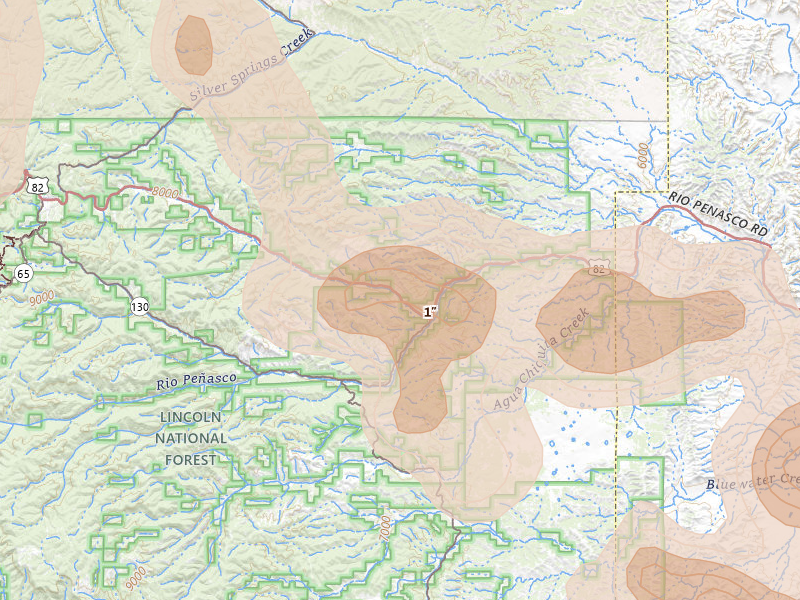 Radar-estimated hail-size map of the storm over Mayhill, NM on Jun 2, 2026