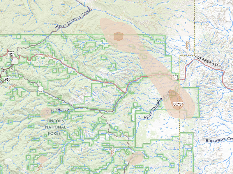 Radar-estimated hail-size map of the storm over Mayhill, NM on Jun 3, 2026