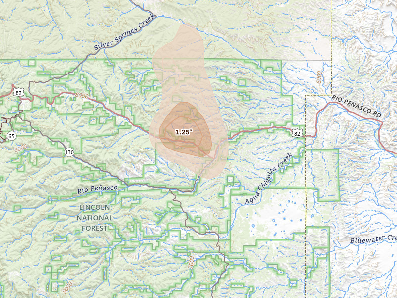Radar-estimated hail-size map of the storm over Mayhill, NM on Jul 3, 2026