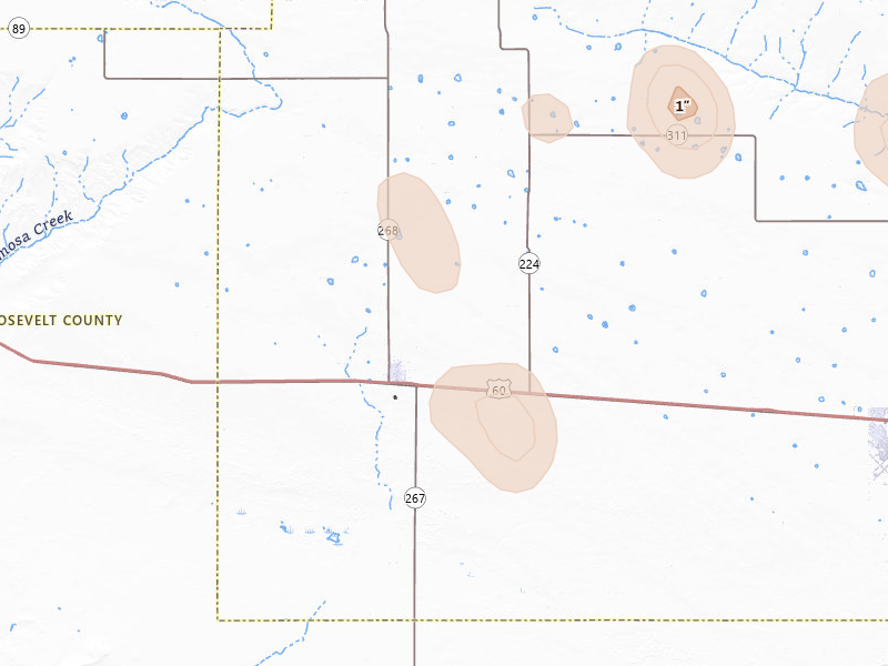 Radar-estimated hail-size map of the storm over Melrose, NM on Aug 1, 2026