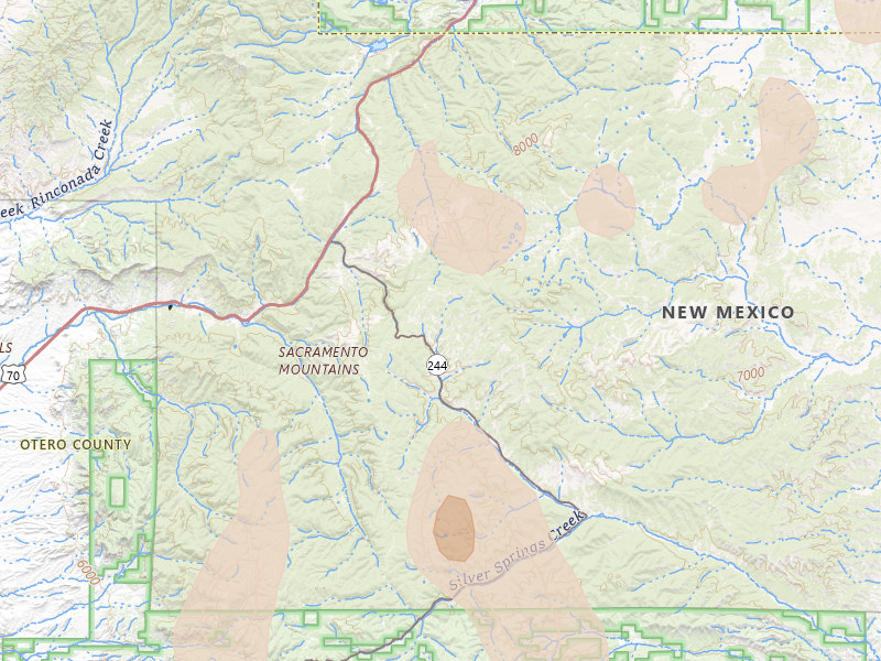 Radar-estimated hail-size map of the storm over Mescalero, NM on Jun 2, 2026