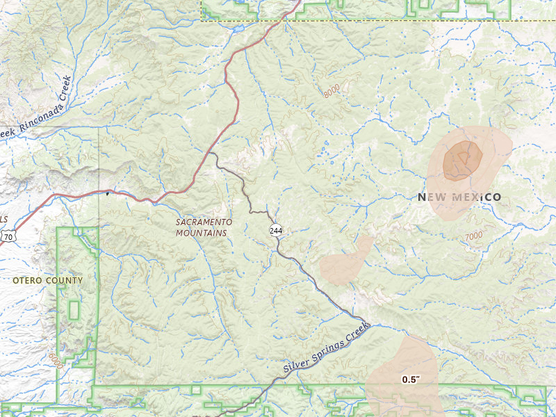 Radar-estimated hail-size map of the storm over Mescalero, NM on Jul 3, 2026