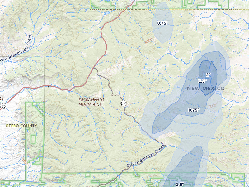 NEXRAD radar-signature map of the hail storm over Mescalero, NM on Jul 3, 2026