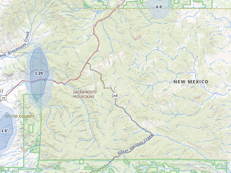 NEXRAD radar-signature map of the hail storm over Mescalero, NM on Jul 25, 2026