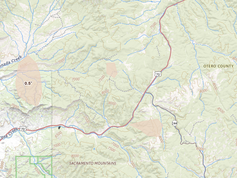 Radar-estimated hail-size map of the storm over Mescalero, NM on Aug 1, 2026